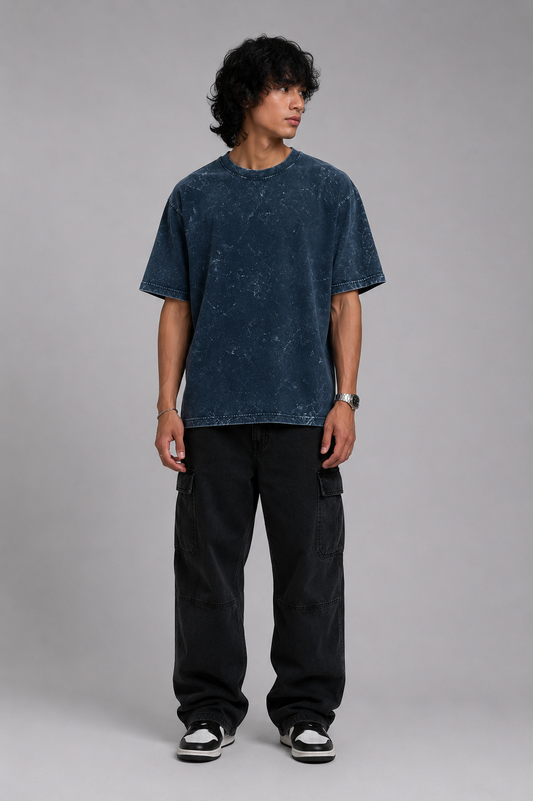 Navy Blue Acid Washed Oversized Tee