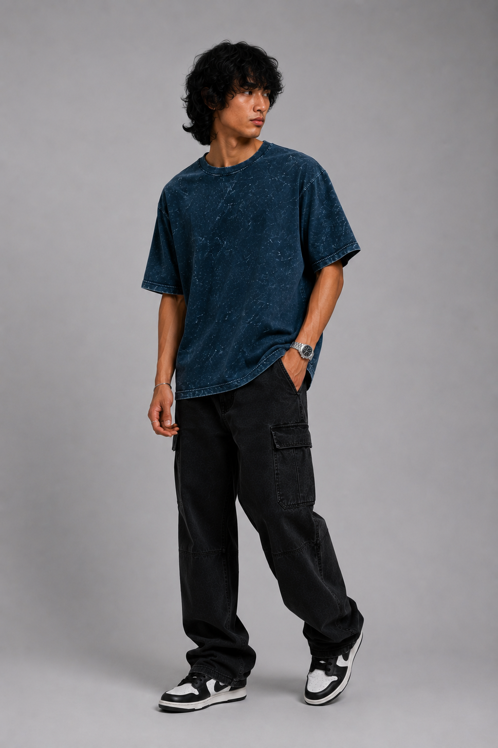 Navy Blue Acid Washed Oversized Tee